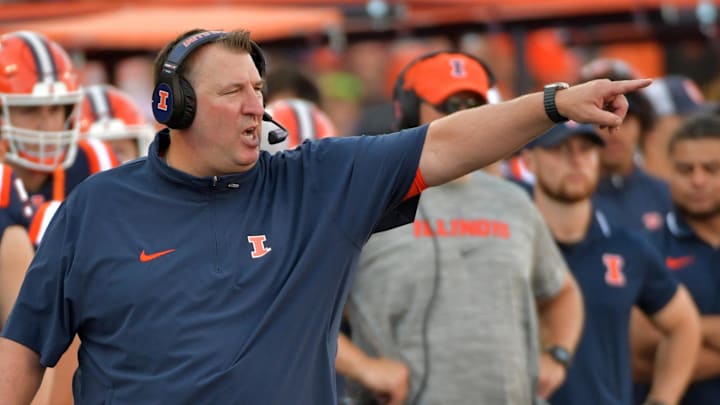 Sep 23, 2023; Champaign, Illinois, USA;  Illinois Fighting Illini head coach Bret Bielema during the second half against the Florida  Atlantic Owls at Memorial Stadium. Mandatory Credit: Ron Johnson-USA TODAY Sports