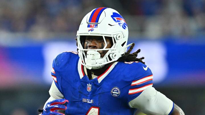 Sep 17, 2026; Orchard Park, New York, USA;  Buffalo Bills running back James Cook III (4) runs against the Detroit Lions during the second half at New Highmark Stadium.  Mandatory Credit: Mark Konezny-Imagn Images