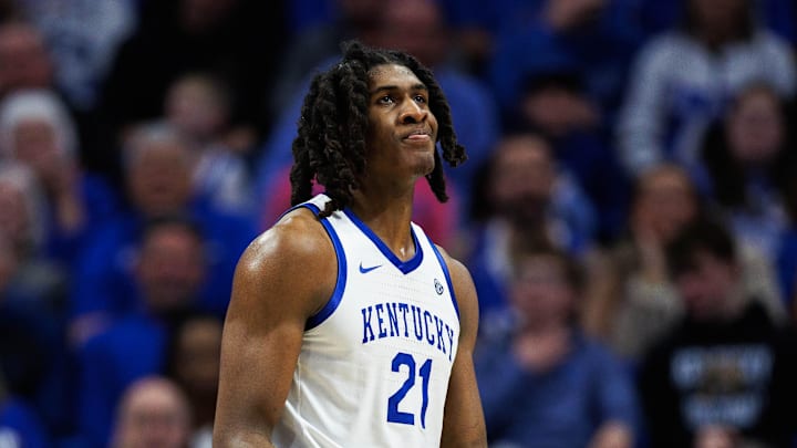Jan 7, 2026; Lexington, Kentucky, USA; Kentucky Wildcats forward Jayden Quaintance (21) reacts during the second half against the Missouri Tigers at Rupp Arena at Central Bank Center. Mandatory Credit: Jordan Prather-Imagn Images