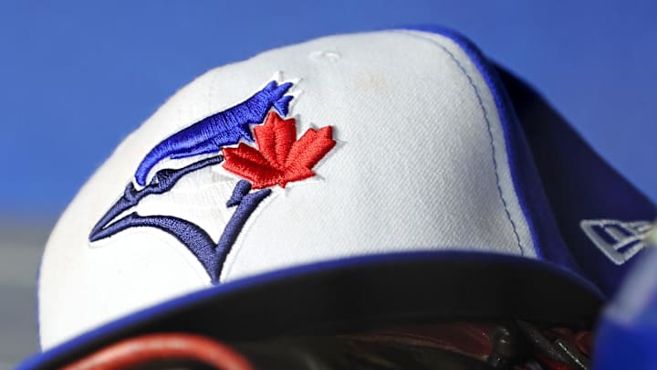 Oct 8, 2025; Bronx, New York, USA; A view of a Toronto Blue Jays hat before game four of the ALDS round for the 2025 MLB playoffs between the New York Yankees and the Toronto Blue Jays at Yankee Stadium. 
