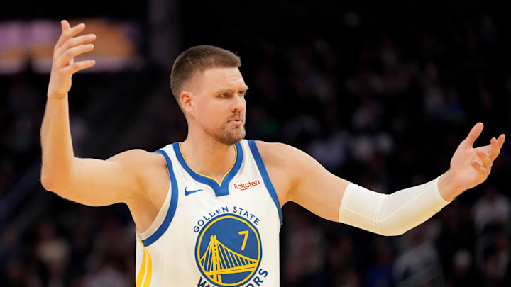 Mar 13, 2026; San Francisco, California, USA; Golden State Warriors forward Kristaps Porzingis (7) reacts after being fouled against the Minnesota Timberwolves in the fourth quarter at the Chase Center. Mandatory Credit: Cary Edmondson-Imagn Images Mar 13, 2026; San Francisco, California, USA; Golden State Warriors forward Kristaps Porzingis (7) reacts after being fouled against the Minnesota Timberwolves in the fourth quarter at the Chase Center. Mandatory Credit: Cary Edmondson-Imagn Images