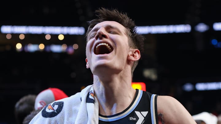 Mar 25, 2024; Atlanta, Georgia, USA; Atlanta Hawks guard Vit Krejci (27) celebrates after a victory against the Boston Celtics at State Farm Arena. Mandatory Credit: Brett Davis-Imagn Images Mar 25, 2024; Atlanta, Georgia, USA; Atlanta Hawks guard Vit Krejci (27) celebrates after a victory against the Boston Celtics at State Farm Arena. Mandatory Credit: Brett Davis-Imagn Images