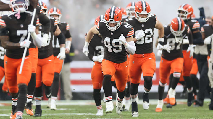 Dec 28, 2025; Cleveland, Ohio, USA; Cleveland Browns linebacker Carson Schwesinger (49) enters the field before the game against the Pittsburgh Steelers at Huntington Bank Field. Mandatory Credit: Scott Galvin-Imagn Images