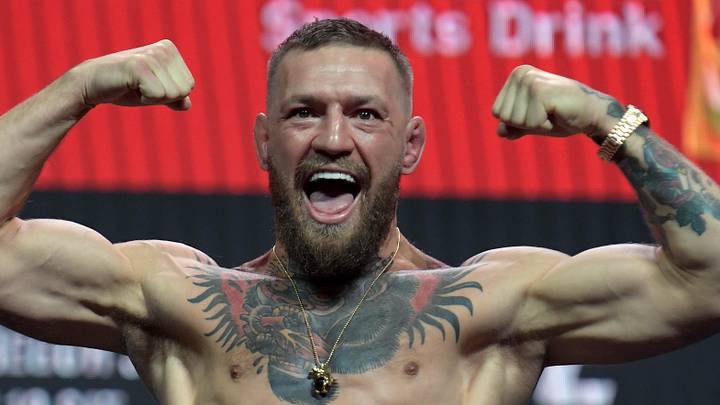 Jul 9, 2021; Las Vegas, Nevada, USA; Conor McGregor reacts during weigh ins for UFC 264 at T-Mobile Arena. Mandatory Credit: Gary A. Vasquez-Imagn Images