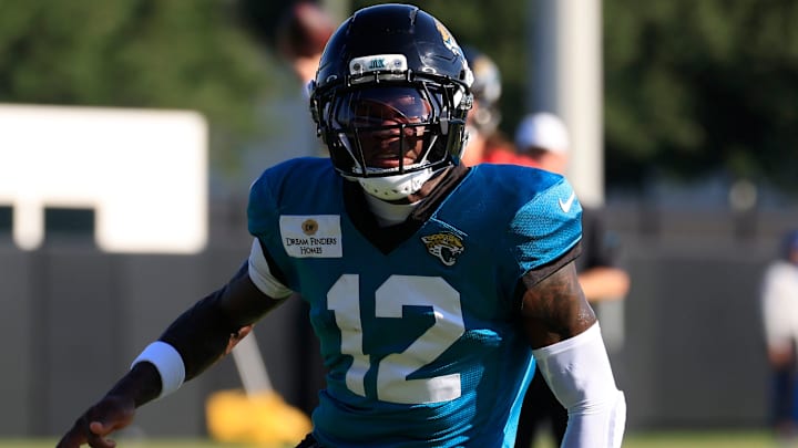 Jacksonville Jaguars wide receiver Travis Hunter (12) runs a route during an NFL training camp session at the Miller Electric Center, Tuesday, July 29, 2025, in Jacksonville, Fla. [Corey Perrine/Florida Times-Union]