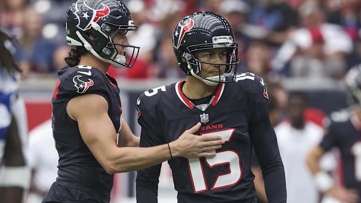 Oct 27, 2024; Houston, Texas, USA; Houston Texans place kicker Ka'imi Fairbairn (15) is congratulated by punter Tommy Townsend (6) after a field goal during the game against the Indianapolis Colts at NRG Stadium. Mandatory Credit: Troy Taormina-Imagn Images