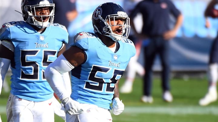 Nov 8, 2020; Nashville, Tennessee, USA; Tennessee Titans outside linebacker Harold Landry (58) celebrates after a sack during the second half against the Chicago Bears at Nissan Stadium. Mandatory Credit: Christopher Hanewinckel-Imagn Images