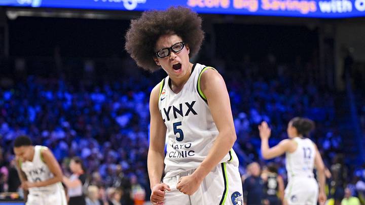 Jun 28, 2026; Arlington, Texas, USA; Minnesota Lynx guard Olivia Miles (5) celebrates during the second half against the Dallas Wings at College Park Center. Mandatory Credit: Jerome Miron-Imagn Images