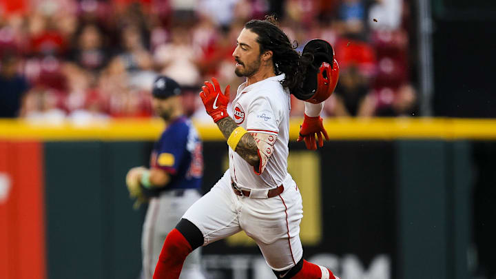 Sep 18, 2024; Cincinnati, Ohio, USA; Cincinnati Reds second baseman Jonathan India (6) runs to third base after hitting a triple in the third inning against the Atlanta Braves at Great American Ball Park. Mandatory Credit: Katie Stratman-Imagn Images