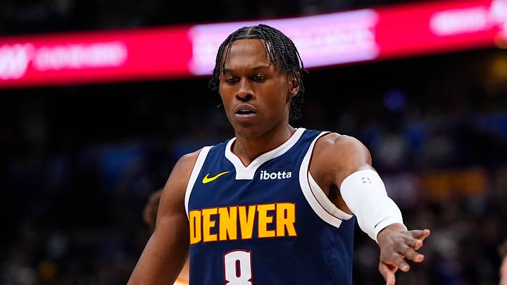 Jan 9, 2026; Denver, Colorado, USA; Denver Nuggets guard Peyton Watson (8) reacts during a timeout in the first quarter against the Atlanta Hawks at Ball Arena. Mandatory Credit: Ron Chenoy-Imagn Images