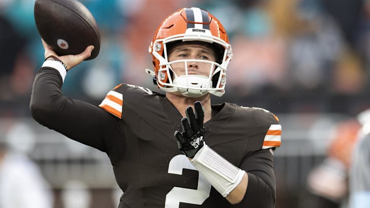 Dec 29, 2024; Cleveland, Ohio, USA; Cleveland Browns quarterback Bailey Zappe (2) throws the ball during warm ups before the game against the Miami Dolphins at Huntington Bank Field. Mandatory Credit: Scott Galvin-Imagn Images