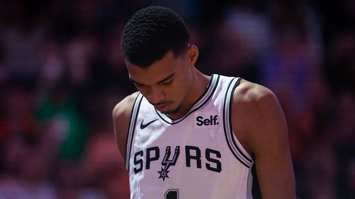 Nov 2, 2023; Phoenix, Arizona, USA; San Antonio Spurs center Victor Wembanyama (1) reacts prior to the game against the Phoenix Suns at Footprint Center. Mandatory Credit: Mark J. Rebilas-USA TODAY Sports