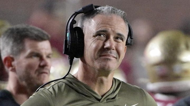 Nov 15, 2025; Tallahassee, Florida, USA; Florida State Seminoles head coach Mike Norvell during the second half against the Virginia Tech Hokies at Doak S. Campbell Stadium. Mandatory Credit: Melina Myers-Imagn Images