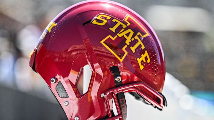 Sep 7, 2024; Iowa City, Iowa, USA; An Iowa State Cyclones helmet sits on the sidelines before the game against the Iowa Hawkeyes at Kinnick Stadium. 