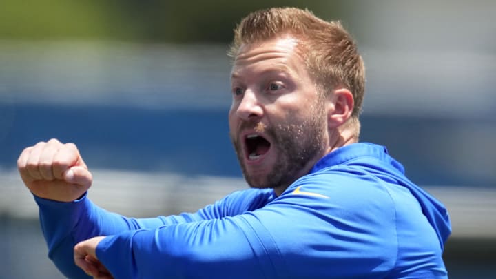 May 21, 2024, Thousand Oaks, California, USA; Los Angeles Rams coach Sean McVay reacts during organized team activities at Cal Lutheran University. Mandatory Credit: Kirby Lee-Imagn Images