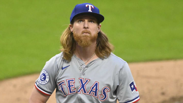 Aug 24, 2024; Cleveland, Ohio, USA; Texas Rangers starting pitcher Jon Gray (22) walks off the mound at the end of the second inning against the Cleveland Guardians at Progressive Field.