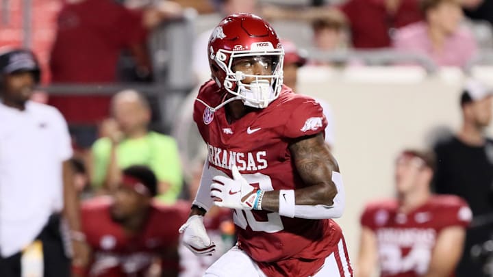 Aug 29, 2024; Little Rock, Arkansas, USA; Arkansas Razorbacks wide receiver Monte Harrison (82) runs a route in the fourth quarter against the Pine Bluff Golden Lions at War Memorial Stadium. Arkansas won 70-0. Mandatory Credit: Nelson Chenault-Imagn Images