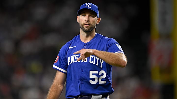 Jun 19, 2025; Arlington, Texas, USA; Kansas City Royals starting pitcher Michael Wacha (52) comes off the field after he pitches against the Texas Rangers during the fourth inning at Globe Life Field. Mandatory Credit: Jerome Miron-Imagn Images