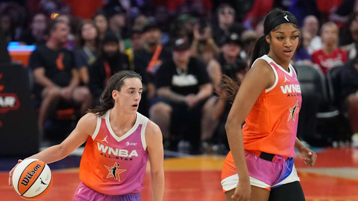 Caitlin Clark and Angel Reese team up during the 2024 WNBA All-Star Game. Caitlin Clark and Angel Reese team up during the 2024 WNBA All-Star Game.