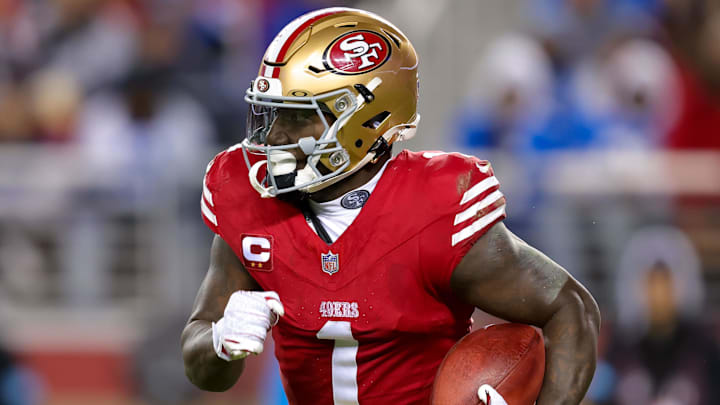 Dec 30, 2024; Santa Clara, California, USA; San Francisco 49ers wide receiver Deebo Samuel Sr. (1) during the game against the Detroit Lions at Levi's Stadium. Mandatory Credit: Sergio Estrada-Imagn Images