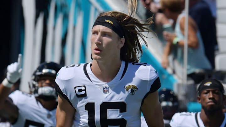 Jacksonville Jaguars quarterback Trevor Lawrence (16) runs out to the field with his teammates before the start of Sunday's game against the Arizona Cardinals. The Jacksonville Jaguars hosted the Arizona Cardinals at TIAA Bank Field in Jacksonville, FL Sunday, September 26, 2021. The Jaguars went into the half with a 13 to 7 lead.
