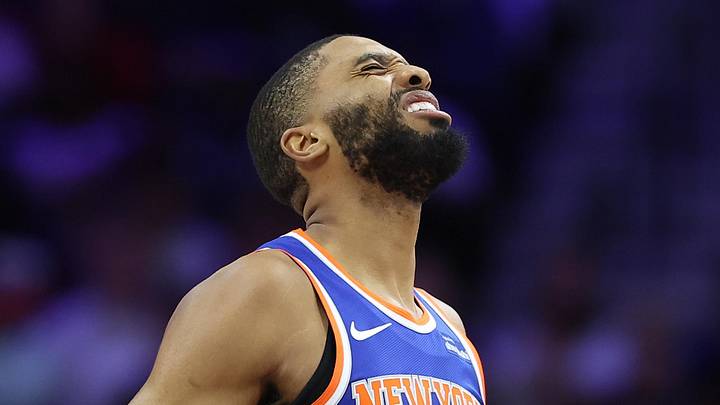 May 8, 2026; Philadelphia, Pennsylvania, USA; New York Knicks guard Mikal Bridges (25) reacts after a turnover against the Philadelphia 76ers during the second quarter of game three of the second round of the 2026 NBA Playoffs at Xfinity Mobile Arena. Mandatory Credit: Bill Streicher-Imagn Images