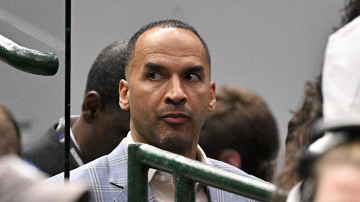 Apr 9, 2025; Dallas, Texas, USA; Dallas Mavericks general manager Nico Harrison during the game between the Dallas Mavericks and the Los Angeles Lakers at American Airlines Center. Mandatory Credit: Jerome Miron-Imagn Images
