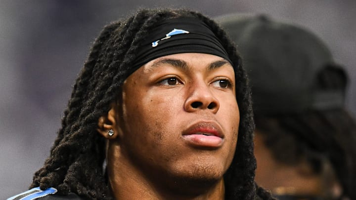 Detroit Lions running back Jahmyr Gibbs (0) looks on before the game against the Minnesota Vikings 