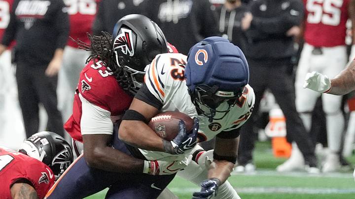 Oct 18, 2026; Atlanta, Georgia, USA; Atlanta Falcons linebacker Kendal Daniels (53) tackles Chicago Bears running back Roschon Johnson (23) during the first quarter at Mercedes-Benz Stadium. Mandatory Credit: Dale Zanine-Imagn Images Oct 18, 2026; Atlanta, Georgia, USA; Atlanta Falcons linebacker Kendal Daniels (53) tackles Chicago Bears running back Roschon Johnson (23) during the first quarter at Mercedes-Benz Stadium. Mandatory Credit: Dale Zanine-Imagn Images