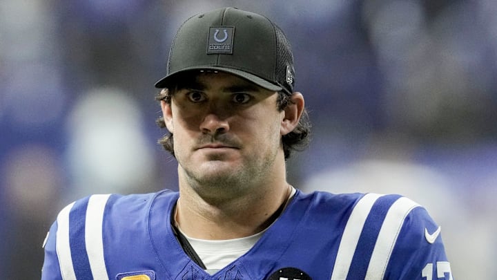 Indianapolis Colts quarterback Daniel Jones walks off the field Indianapolis Colts quarterback Daniel Jones walks off the field