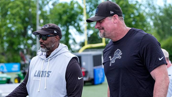 Detroit Lions general manager Brad Holmes, left, and head coach Dan Campbell walk off the field after practice during mini camp at Meijer Performance Center in Allen Park on Tuesday, June 16, 2026.
