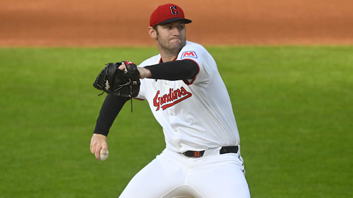 Apr 28, 2025; Cleveland, Ohio, USA; Cleveland Guardians starting pitcher Gavin Williams (32) delivers a pitch in the first inning against the Minnesota Twins at Progressive Field. Mandatory Credit: David Richard-Imagn Images