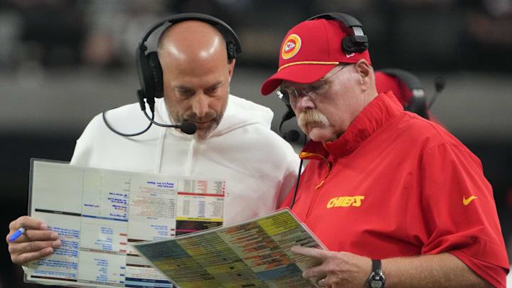 Oct 27, 2024; Paradise, Nevada, USA; Kansas City Chiefs offensive coordinator Matt Nagy (left) and coach Andy Reid react against the Las Vegas Raiders in the second half at Allegiant Stadium. Mandatory Credit: Kirby Lee-Imagn Images Oct 27, 2024; Paradise, Nevada, USA; Kansas City Chiefs offensive coordinator Matt Nagy (left) and coach Andy Reid react against the Las Vegas Raiders in the second half at Allegiant Stadium. Mandatory Credit: Kirby Lee-Imagn Images