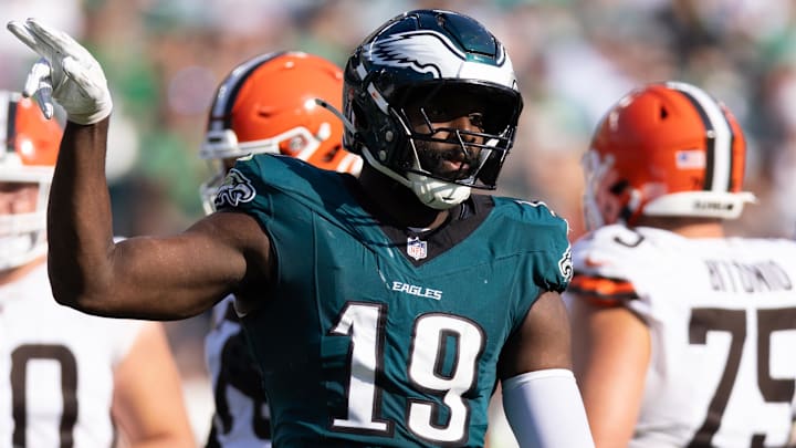 Oct 13, 2024; Philadelphia, Pennsylvania, USA; Philadelphia Eagles linebacker Josh Sweat (19) reacts after a sack during the third quarter against the Cleveland Browns at Lincoln Financial Field. Mandatory Credit: Bill Streicher-Imagn Images