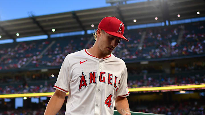 Jun 23, 2025; Anaheim, California, USA; Los Angeles Angels pitcher Jack Kochanowicz (41) returns following the top of the fifth inning against the Boston Red Sox at Angel Stadium. Mandatory Credit: Gary A. Vasquez-Imagn Images Jun 23, 2025; Anaheim, California, USA; Los Angeles Angels pitcher Jack Kochanowicz (41) returns following the top of the fifth inning against the Boston Red Sox at Angel Stadium. Mandatory Credit: Gary A. Vasquez-Imagn Images