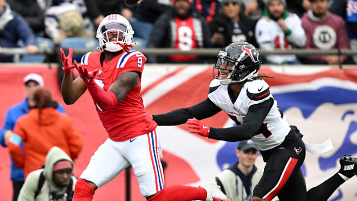 Oct 13, 2024; Foxborough, Massachusetts, USA; New England Patriots wide receiver Kayshon Boutte (9) makes a catch for a touchdown in front of Houston Texans cornerback Derek Stingley Jr. (24) during the first half at Gillette Stadium. Mandatory Credit: Brian Fluharty-Imagn Images