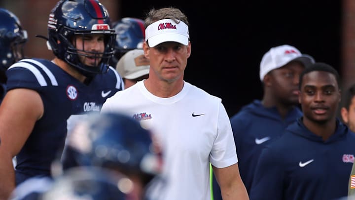 Mississippi Rebels head coach Lane Kiffin looks on during warm ups prior to the game against The Citadel Bulldogs at Vaught-Hemingway Stadium. Mississippi Rebels head coach Lane Kiffin looks on during warm ups prior to the game against The Citadel Bulldogs at Vaught-Hemingway Stadium.