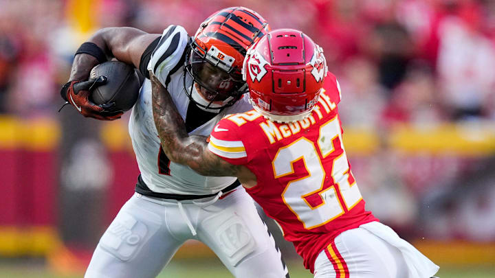 Cincinnati Bengals wide receiver Ja'Marr Chase (1) and Kansas City Chiefs cornerback Trent McDuffie (22) collide in the fourth quarter of the NFL Week 2 game between the Kansas City Chiefs and the Cincinnati Bengals at Arrowhead Stadium in Kansas City on Sunday, Sept. 15, 2024. The Chiefs took a 26-25 win with a go-ahead field goal as time expired.