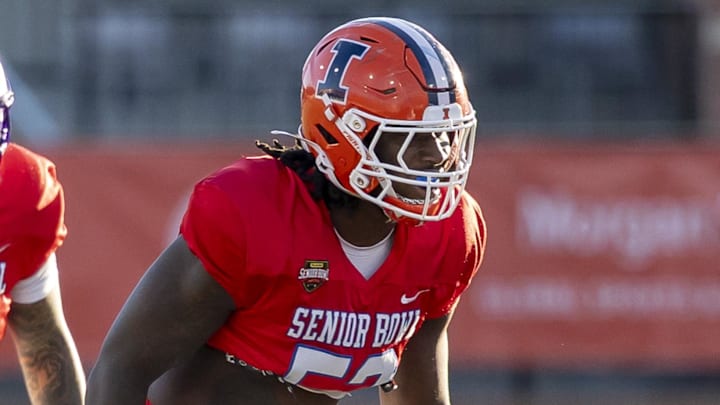 Jan 29, 2026; Mobile, AL, USA; American defensive lineman Gabe Jacas (52) of Illinois lines up during American Senior Bowl practice at Hancock Whitney Stadium. Mandatory Credit: Vasha Hunt-Imagn Images