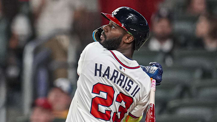 Sep 23, 2025; Cumberland, Georgia, USA; Atlanta Braves center fielder Michael Harris II (23) hits a home run against the Washington Nationals during the seventh inning at Truist Park. Mandatory Credit: Dale Zanine-Imagn Images