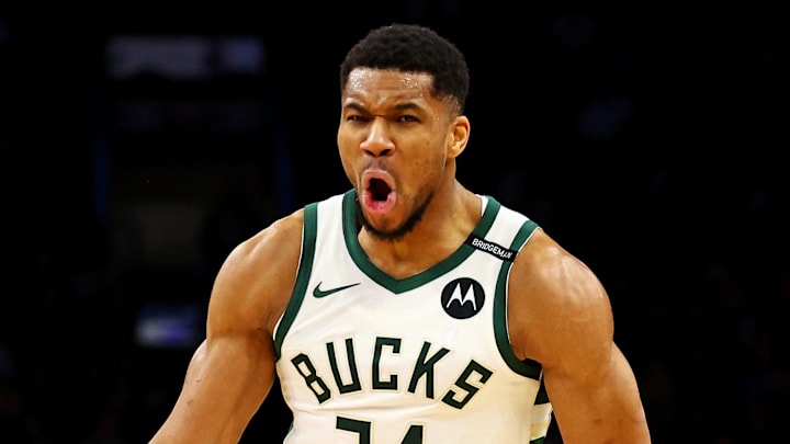 Milwaukee Bucks forward Giannis Antetokounmpo (34) reacts after a play during the second quarter against the Phoenix Suns at Footprint Center on March 24, 2025. Milwaukee Bucks forward Giannis Antetokounmpo (34) reacts after a play during the second quarter against the Phoenix Suns at Footprint Center on March 24, 2025.