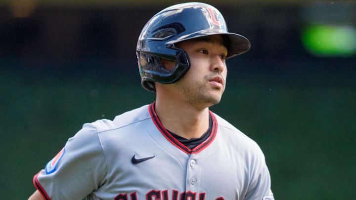 Cleveland Guardians outfielder Steven Kwan runs to home plate after hitting a lead off home run.