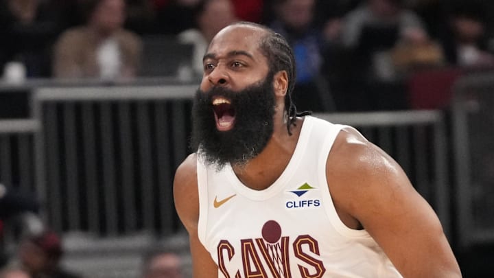 Mar 19, 2026; Chicago, Illinois, USA; Cleveland Cavaliers guard James Harden (1) reacts after making a three point basket against the Chicago Bulls during the second half at United Center. Mandatory Credit: David Banks-Imagn Images