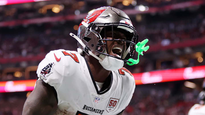 Sep 7, 2025; Atlanta, Georgia, USA; Tampa Bay Buccaneers running back Bucky Irving (7) celebrates after scoring a touchdown against the Atlanta Falcons during the third quarter at Mercedes-Benz Stadium. Mandatory Credit: Brett Davis-Imagn Images