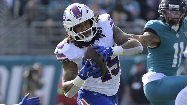 Buffalo Bills linebacker Shaq Thompson (45) intercepts the ball during the first half against the Jacksonville Jaguars in an AFC Wild Card Round game at EverBank Stadium. Buffalo Bills linebacker Shaq Thompson (45) intercepts the ball during the first half against the Jacksonville Jaguars in an AFC Wild Card Round game at EverBank Stadium.