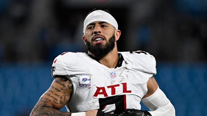 Oct 13, 2024; Charlotte, North Carolina, USA; Atlanta Falcons safety Jessie Bates III (3) walks off the field after the game at Bank of America Stadium. Mandatory Credit: Bob Donnan-Imagn Images