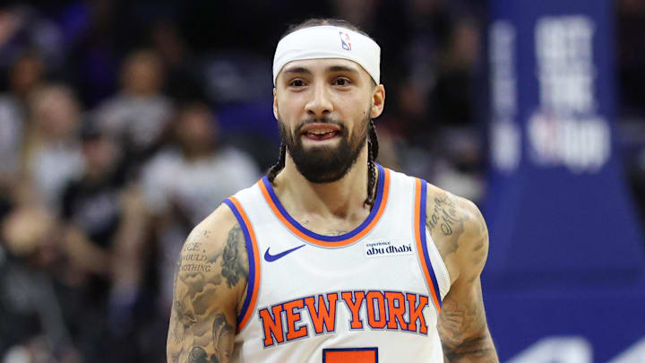 Feb 11, 2026; Philadelphia, Pennsylvania, USA; New York Knicks guard Jose Alvarado (5) reacts to his three pointer against the Philadelphia 76ers during the second half at Xfinity Mobile Arena. Mandatory Credit: Bill Streicher-Imagn Images