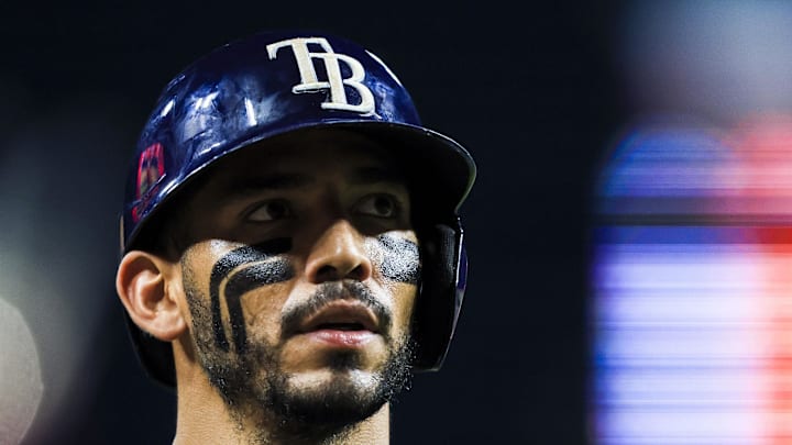 Tampa Bay Rays second baseman Jose Caballero (77) walks off the field in the ninth inning against the Cincinnati Reds at Great American Ball Park. 