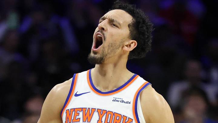 Jan 24, 2026; Philadelphia, Pennsylvania, USA; New York Knicks guard Landry Shamet (44) reacts after a score against the Philadelphia 76ers during the fourth quarter at Xfinity Mobile Arena. Mandatory Credit: Bill Streicher-Imagn Images