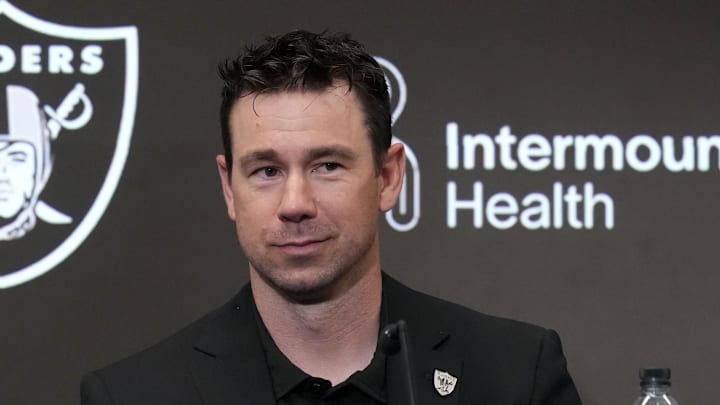 Apr 24, 2026; Henderson, NV, USA; Las Vegas Raiders coach Klint Kubiak at press conference at Intermountain Health Performance Center. Mandatory Credit: Kirby Lee-Imagn Images